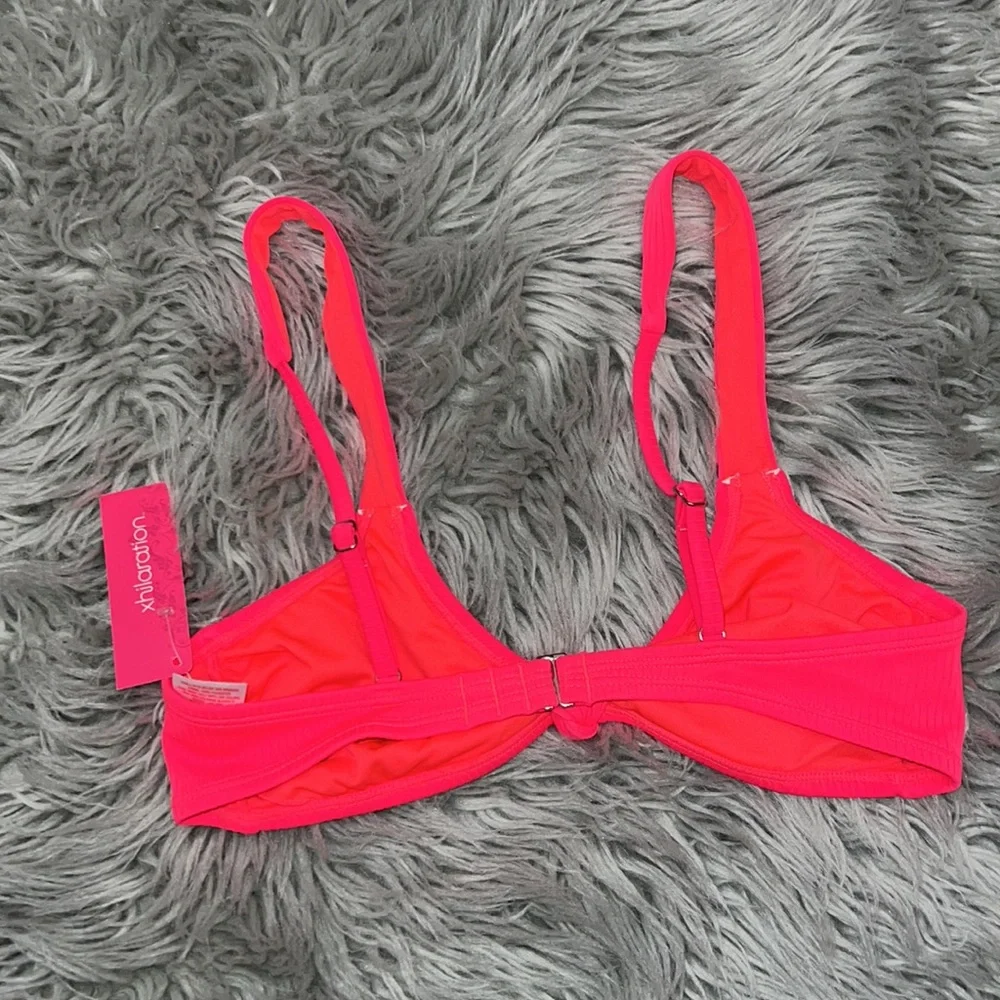 Coral Neon Pink Ribbed Twist Knot Front Bikini Top